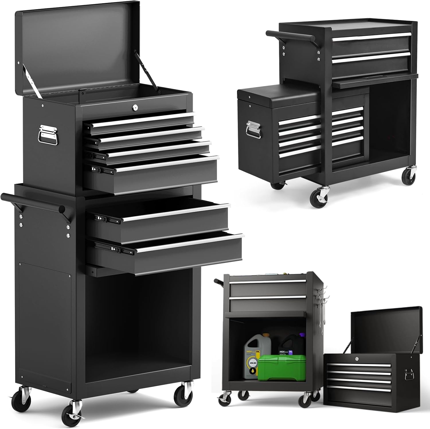 HOMFME Roller Tool Cabinet, 2 in 1 Tool Storage Chest with Removable Top Cabinet, Lockable Wheels, Handle, 2 Keys, 4 Hooks and 6 Drawers, Lockable Tool Trolley Cart for Workshop Garage (Black)