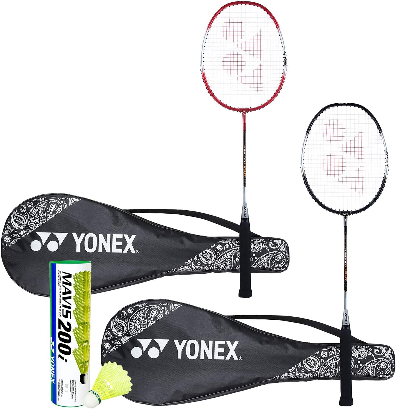 Yonex ZR 100 Light Badminton Combo (Set of 2 Yonex ZR 100 Light Badminton Racquet with Full Cover Black/Red + Mavis 200I Shuttlecock Pack of 6),Aluminium