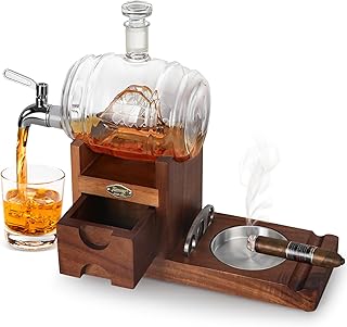 Cigar Ashtray and Whiskey Decanter Set, Wooden Ash Tray with Cigar Cutter, Cigar Accessories Drawer, Whiskey Gifts for Men, 1000ml Glass Decanter for Bourbon, Rum, Vodka, Brandy