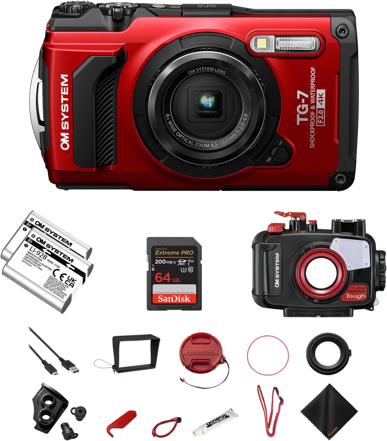 OM SYSTEM Tough TG-7 Digital Camera with Built-in Wi-Fi & GPS - Red | 12MP Adventure Camera with PT-059 Underwater Housing, Extra LI-92B Rechargeable Battery & 64GB Extreme Pro SD Card Bundle Set