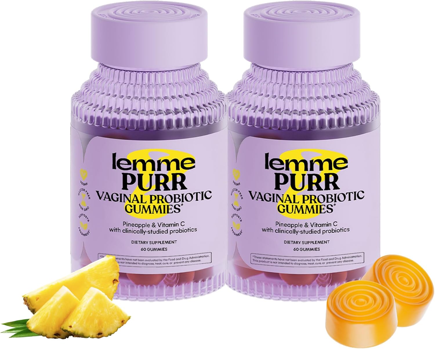 Lemme Purr Vaginal Probiotic Gummies for Women - Balanced pH, Healthy Odor, Yeast Balance & Flora Support + Vitamin C for Immune Health - Tasty Pineapple (60 Count) (Pack of 2)
