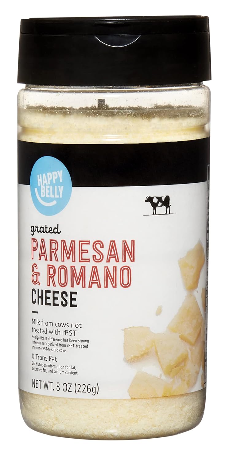 Amazon Brand - Happy Belly Grated Parmesan and Romano Cheese Shaker, 8 ounce (Pack of 1)