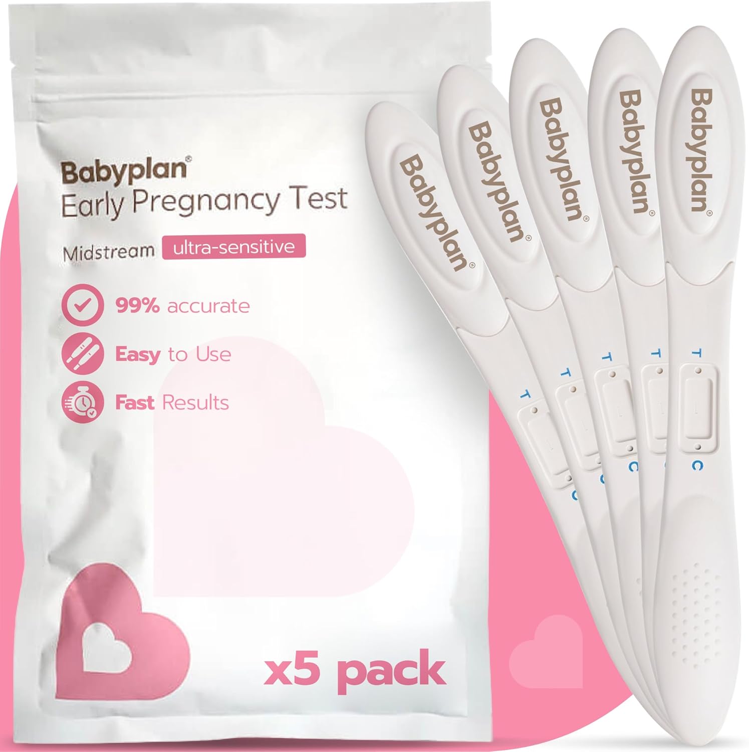 5 x Pregnancy Test Midstream Babyplan- Early Pregnancy Tests - (HCG 10mIU Very Sensitive- Early Detection) - Hygienic Pregnancy. Test for Baby Planning - Easy to Use, Long Stick