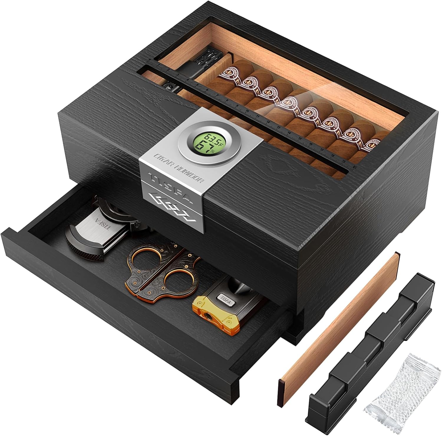 TISFA Cigar Humidor, Cedar Wood Desktop Humidor Box with Digital Hygrometer, Adjustable Humidifier, Accessory Drawer, Divider, Cigar Length Measurement, Glass Top Storage Holder Cigar Case