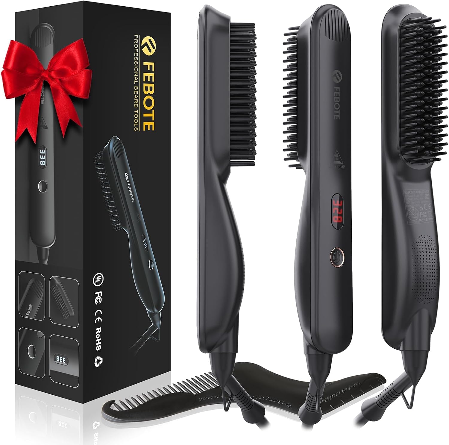 Heated Ionic Hair Straightening Brush for Men - 5 Temperature Settings, Anti-Scald, Beard Shaper & Travel Bag