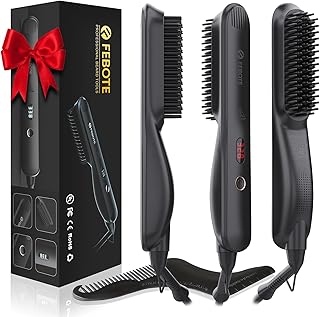 Heated Ionic Hair Straightening Brush for Men - 5 Temperature Settings, Anti-Scald, Beard Shaper & Travel Bag