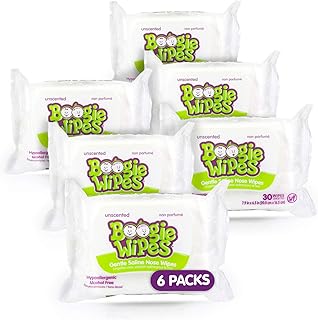Saline Nose Wipes by Boogie, for Baby & Kids, Face, Hand & Body, FSA/HSA Eligible, Made with Vitamin E, Aloe, and Natural Saline, Unscented, 30 Count (Pack of 6)