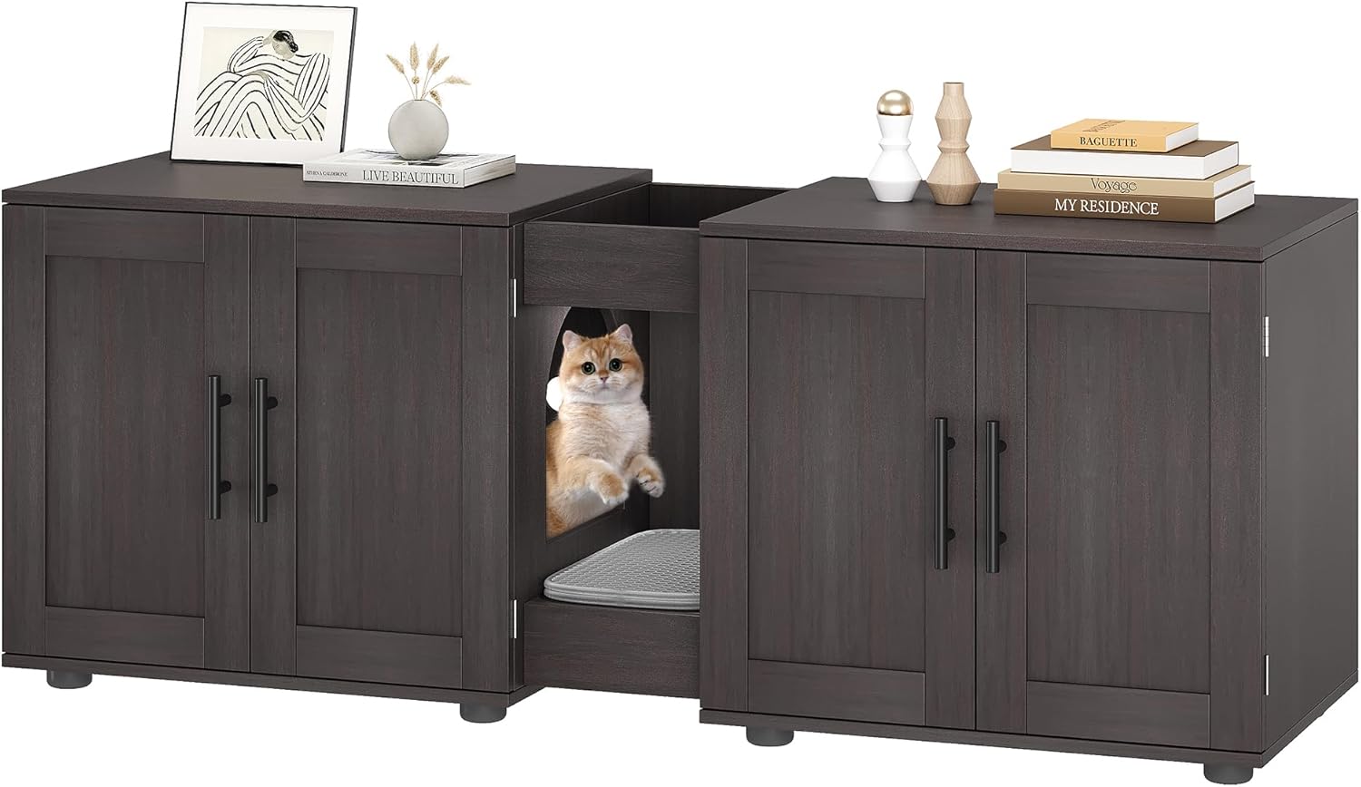 Double Compartment Cat Litter Box Enclosure with Hidden Design, Wooden Cat Washroom Furniture for Indoor Cats, Hidden Litter Box Cabinet in Hidden Mountain Walnut