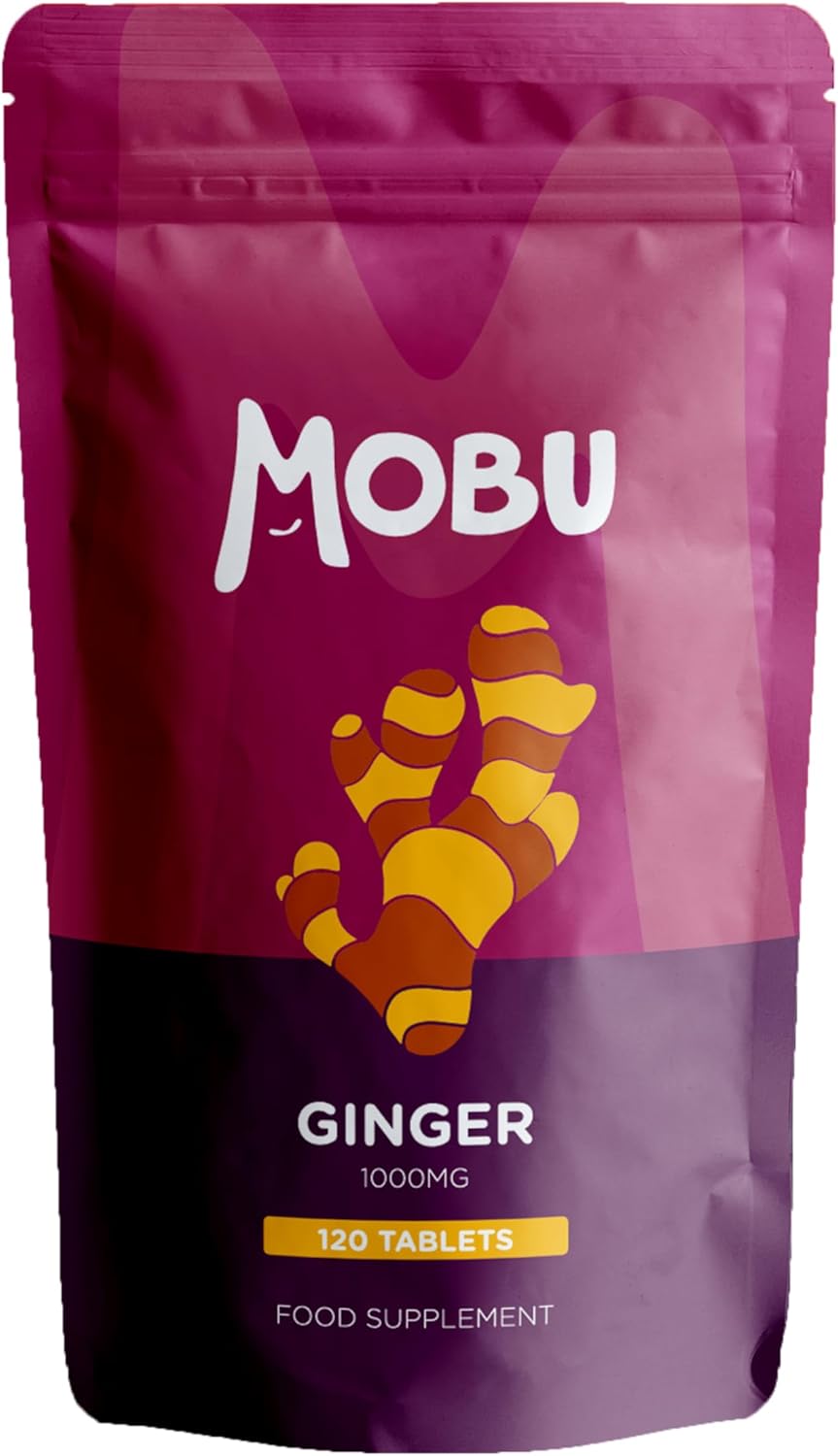 Ginger 1000mg 120 Tablets | Ginger Root Extract | Digestion, Travel Sickness & Joint Support | Letterbox Friendly | Vegan UK Made | GMP Approved | MOBU