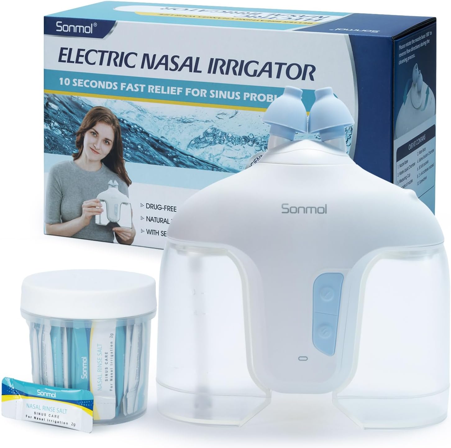 Electric Nasal Irrigation System with 50 Salt Packets Nose Wash Deep Cleaning Sinus Rinse Relieve Congestion Runny Nose Itching(White)
