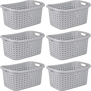 Sterilite Weave Laundry Basket, Freestanding Plastic Clothes Hamper with Handles, 6 Pack, Cement
