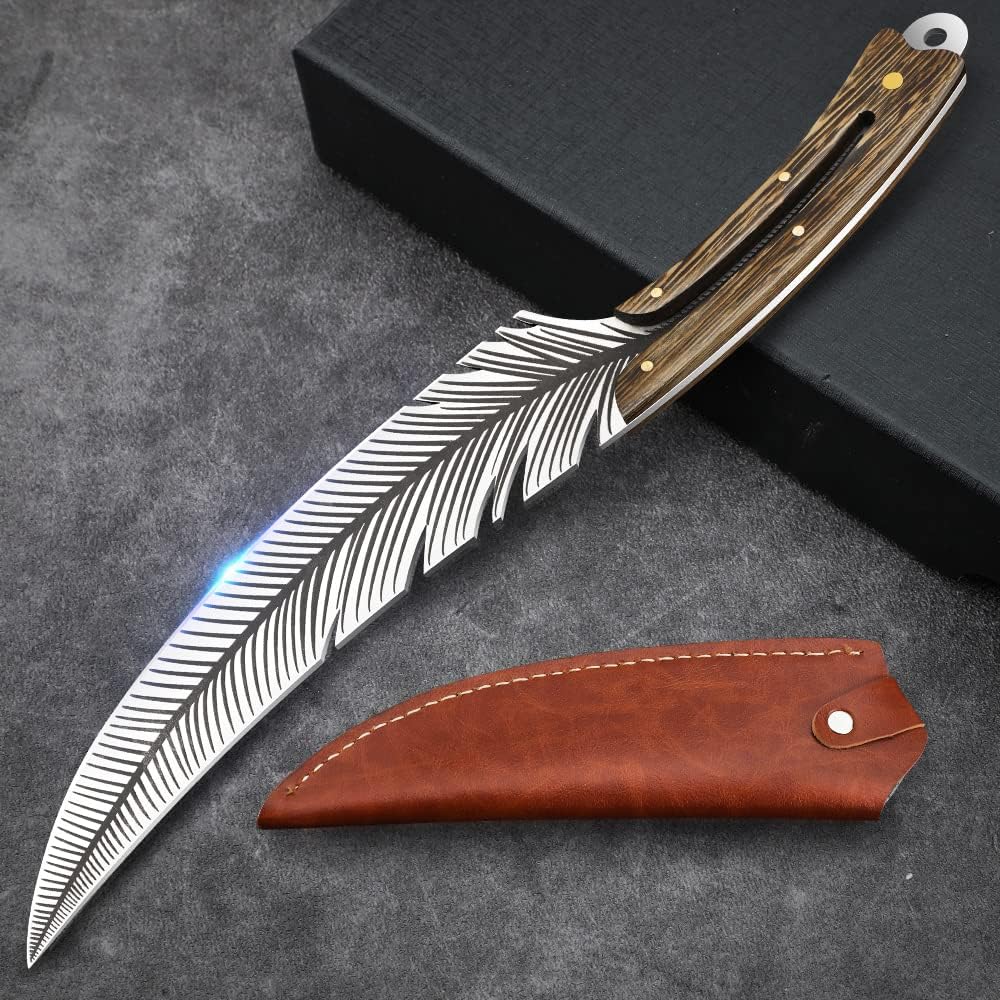Professional Sharp Feather Boning Knife - Hand Forged High Carbon Steel Chef Knife for Meat Cutting - Cooking Knife With Sheath for Kitchen, Outdoor Camping