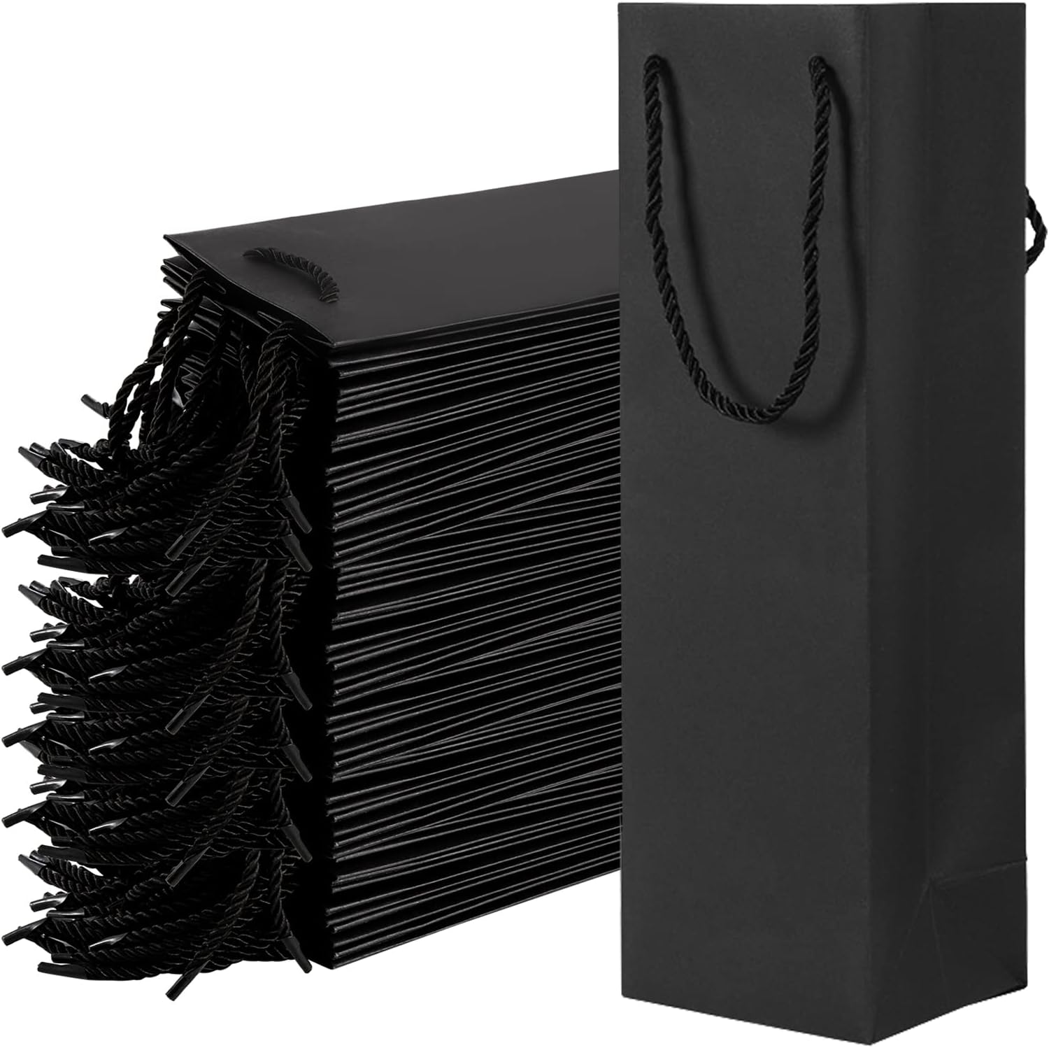 WUWEOT 50 Pack Black Wine Gift Bag, Wine Tote Bags Bulk Kraft Paper Bag with Handles for Party, Shopping, Retail Merchandise