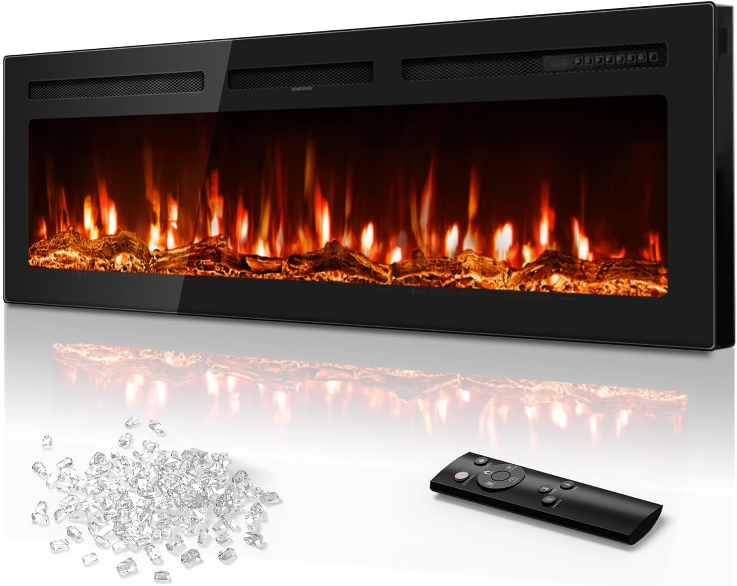 60 Inch Electric Fireplace in-Wall Recessed and Wall Mounted, Ultra-Thin Linear Fireplace Heater 750/1500W with Realistic Flame, Higher Temperatures & Lower Noise, Log Set & Crystal Options