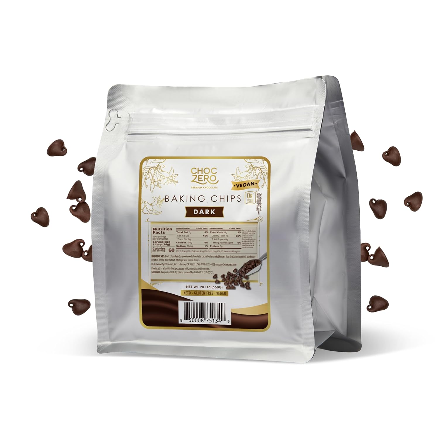 ChocZero Sugar Free Chocolate Chips, Dark Chocolate, Vegan, 20 oz Bag