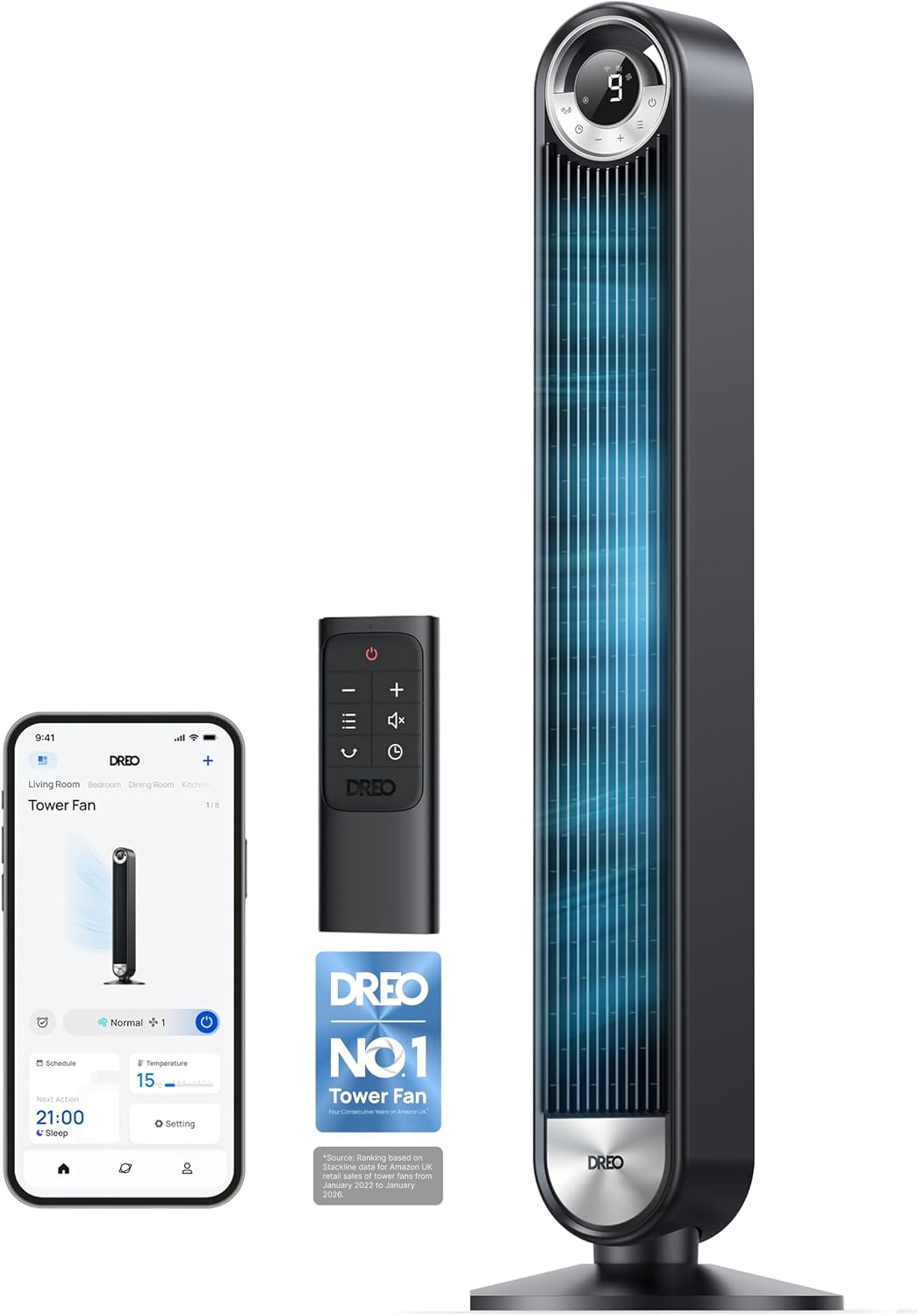 DREO 42" Smart Tower Fan, 8.5m/s, 90° Oscillation, Remote, WiFi & Alexa