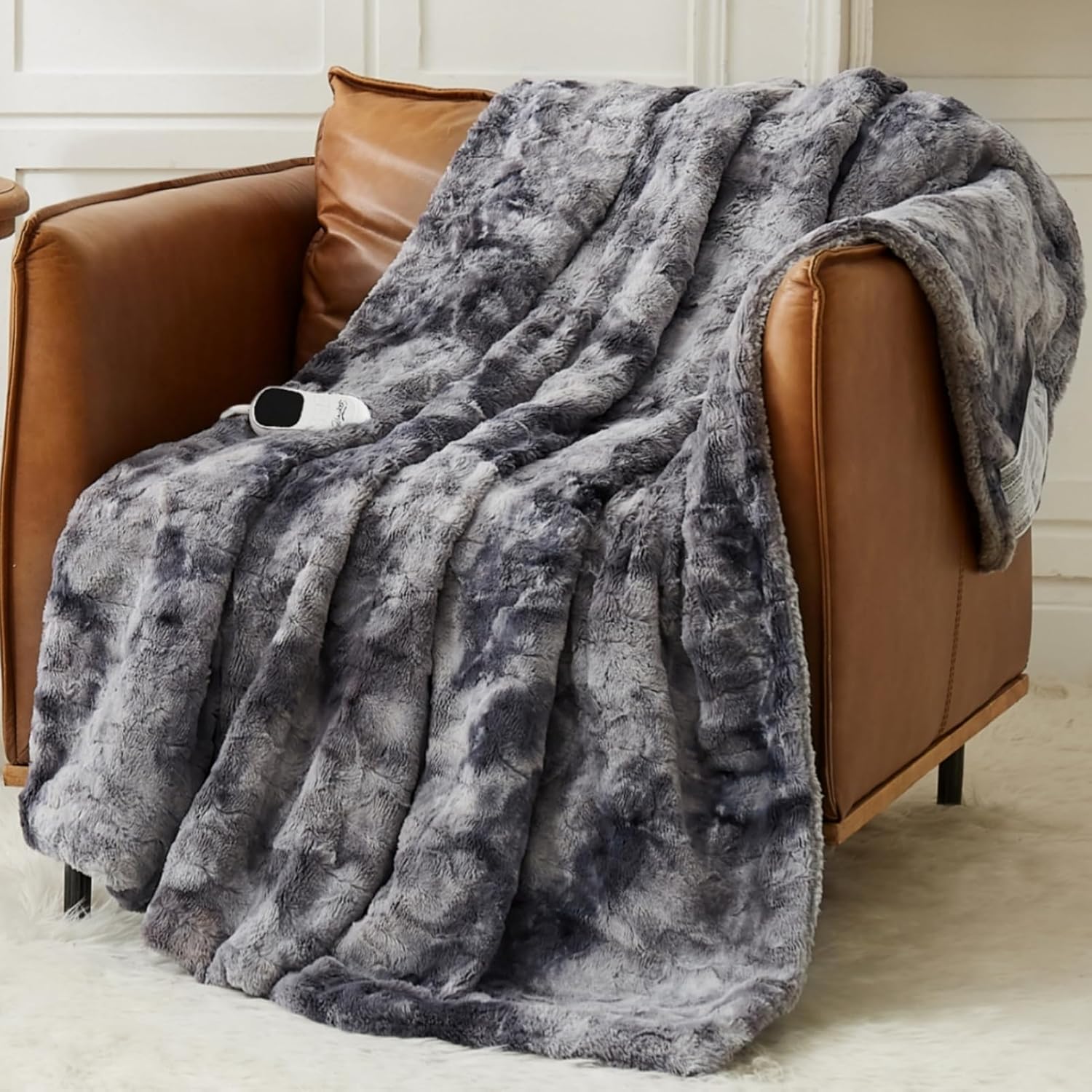 Homemate Heated Blanket Electric Throw - 50"x60" Heating Blanket Throw 1/2/4/6/8 Hours Auto-Off 10 Heat Level Over-Heat Protection Luxury Faux Fur Sherpa ETL Certification