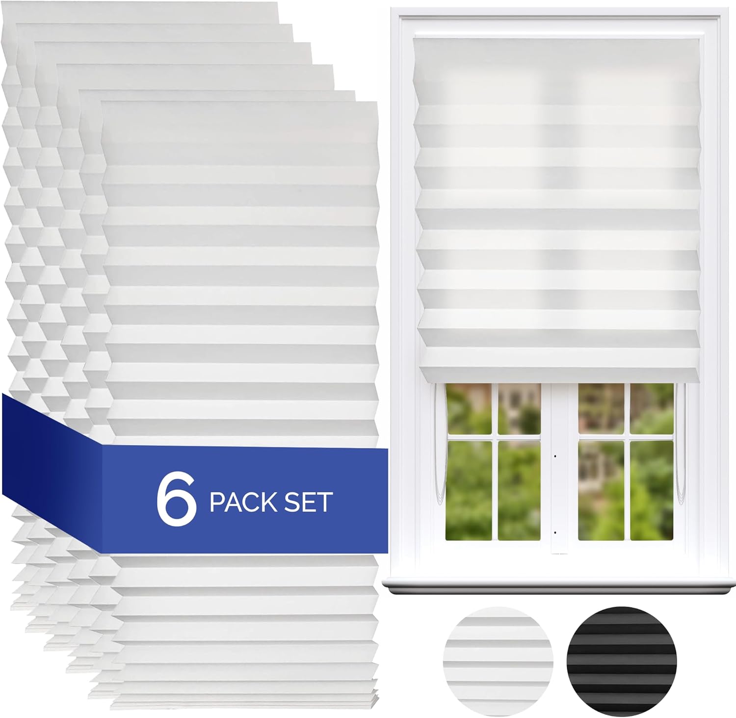 Temposhade Light Filtering Temporary Blinds - 6 Pack (110g sqm) | 91.4cm Wider Blind, Easy Stick Up & No Screws | Temporary Home Pleated Paper Window Blinds | White