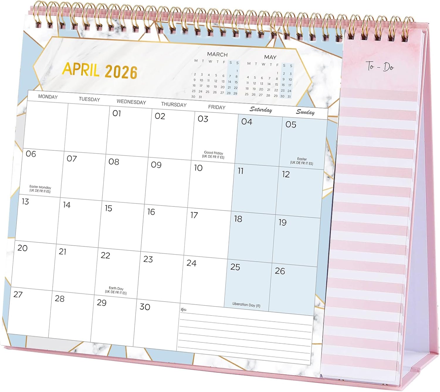 Desk Calendar 2025-2026 - Calendar 2025-2026 UK from July 2025 to December 2026, 18 Month Desk Calendar 2025-2026 UK with To Do List, 26.7 x 21.8 x 7.8 cm - Pink