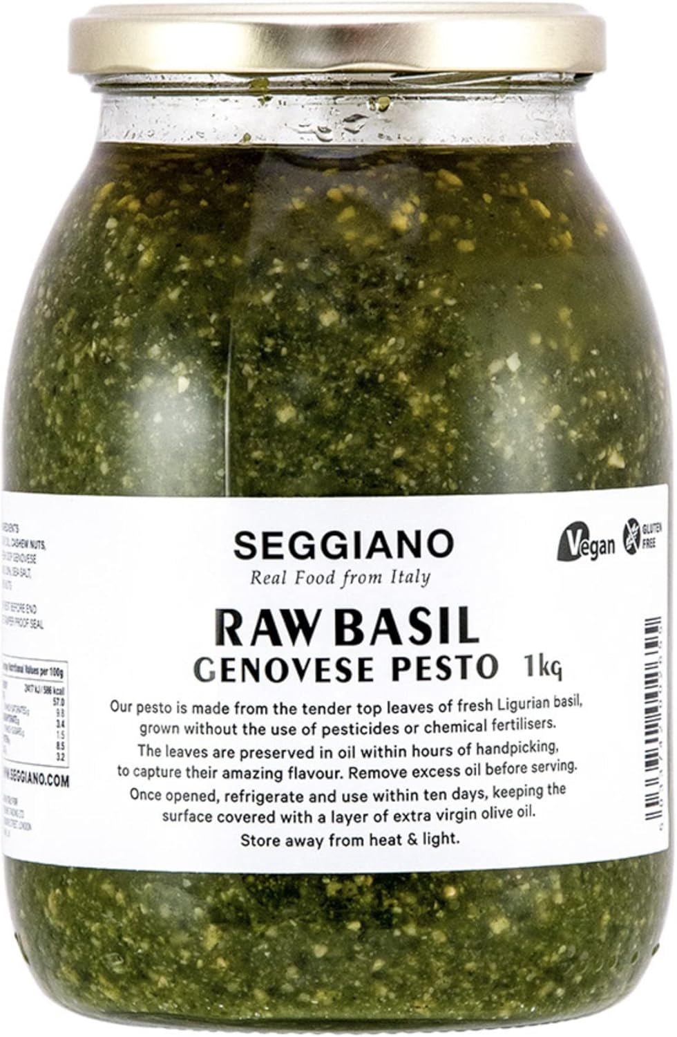 Seggiano Raw Basil Pesto 1KG - Vegan, GMO Free, Gluten Free, Wheat Free, Raw, Vegetarian, and Suitable for Coeliacs - Product of Sicily & Great with Pasta