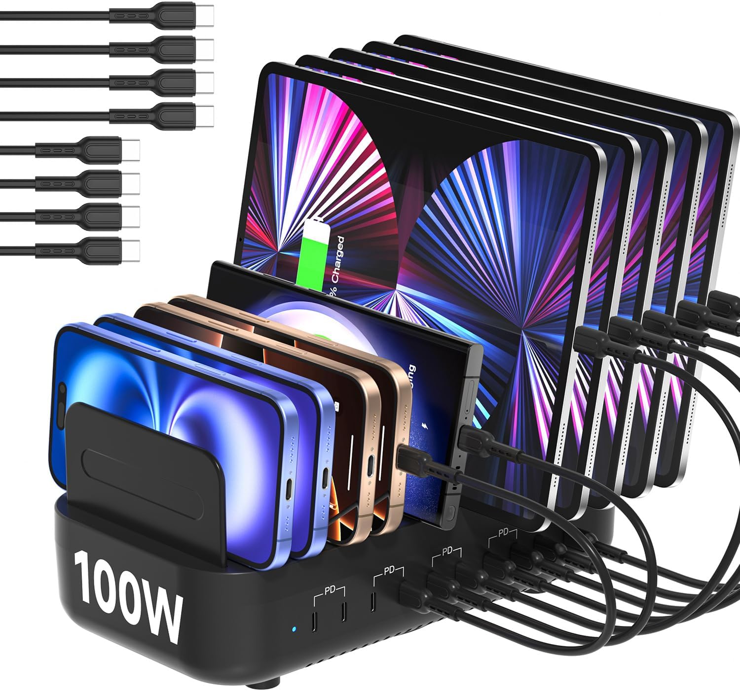 SooPii USB Charging Station,100W Fast Charging Station for Multiple Devices Contains 8pcs Cables, 10-Port Type C Phone Charger Station Organizer Compatible with lPad,Tablet,Kindle and More(Black)