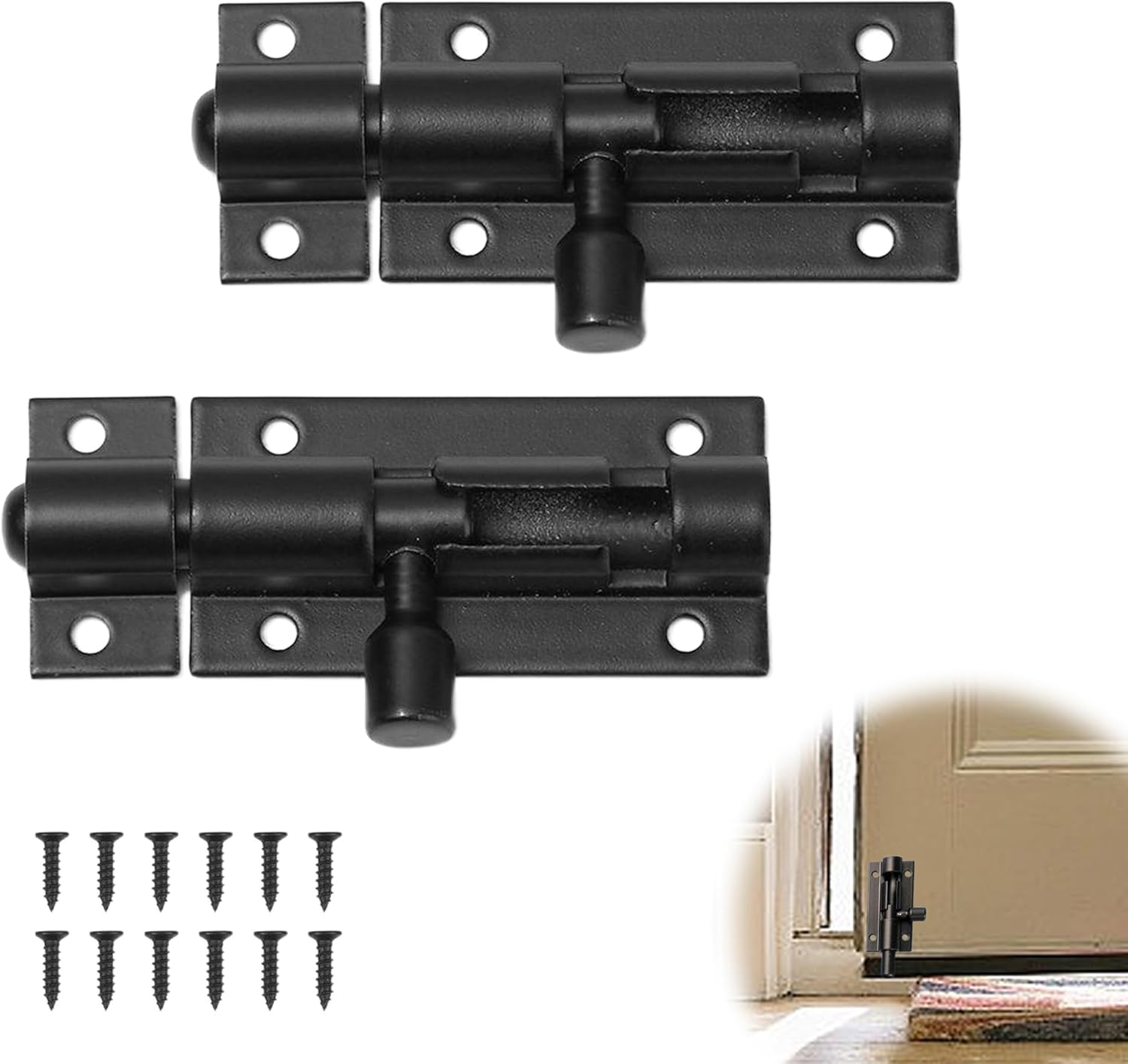 2Pcs Black Door Lock Bolt 2 Inch Bolt Lock with Screws Aluminium Alloy Door Bolts for Internal Doors Safety Sliding Door Bolt Garden Bedroom Cabinets Fence Gate Bathroom Door Lock