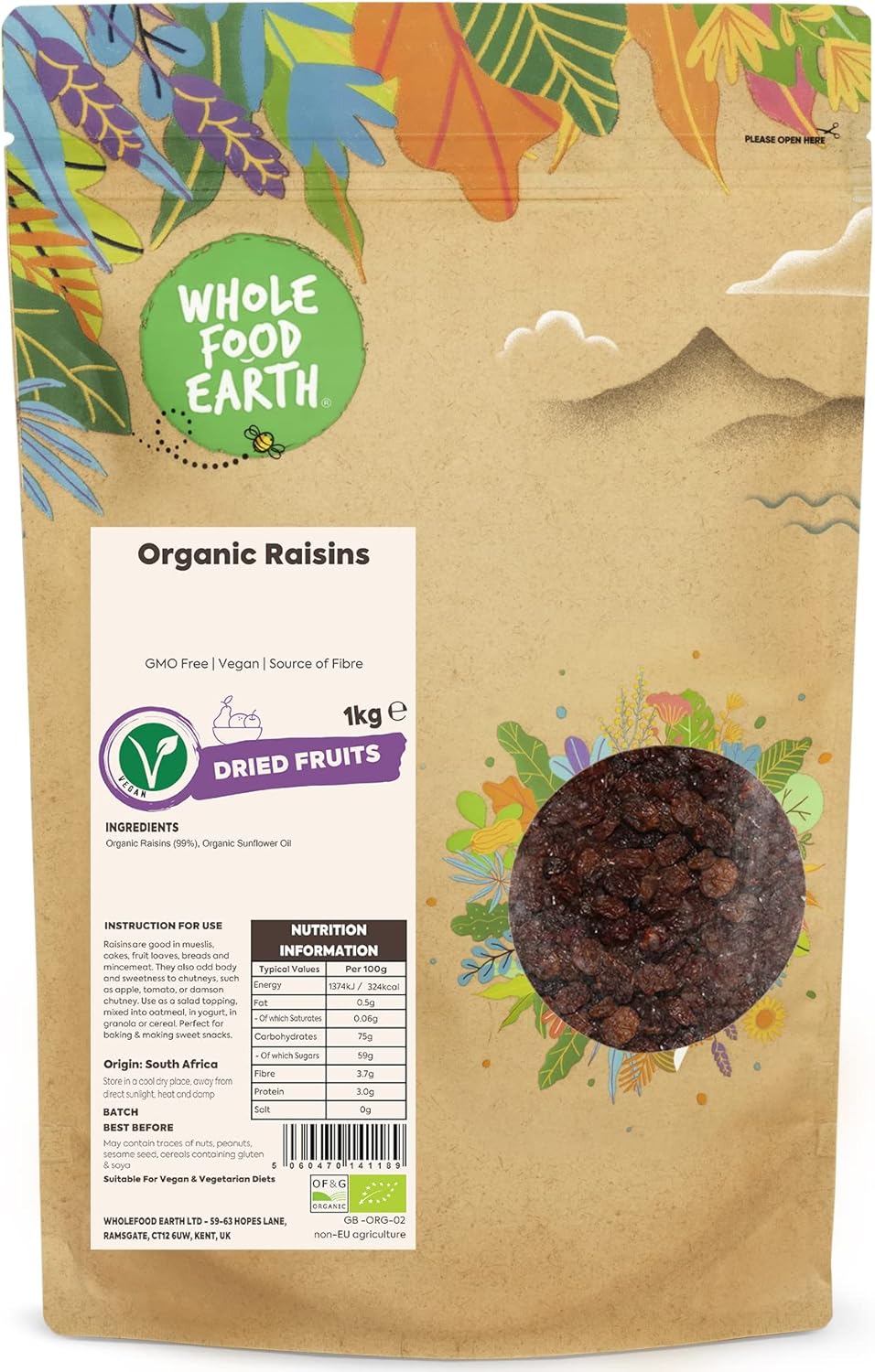 Wholefood Earth Organic Raisins – 1 kg | GMO Free | Vegan | Source of Fibre | Certified Organic