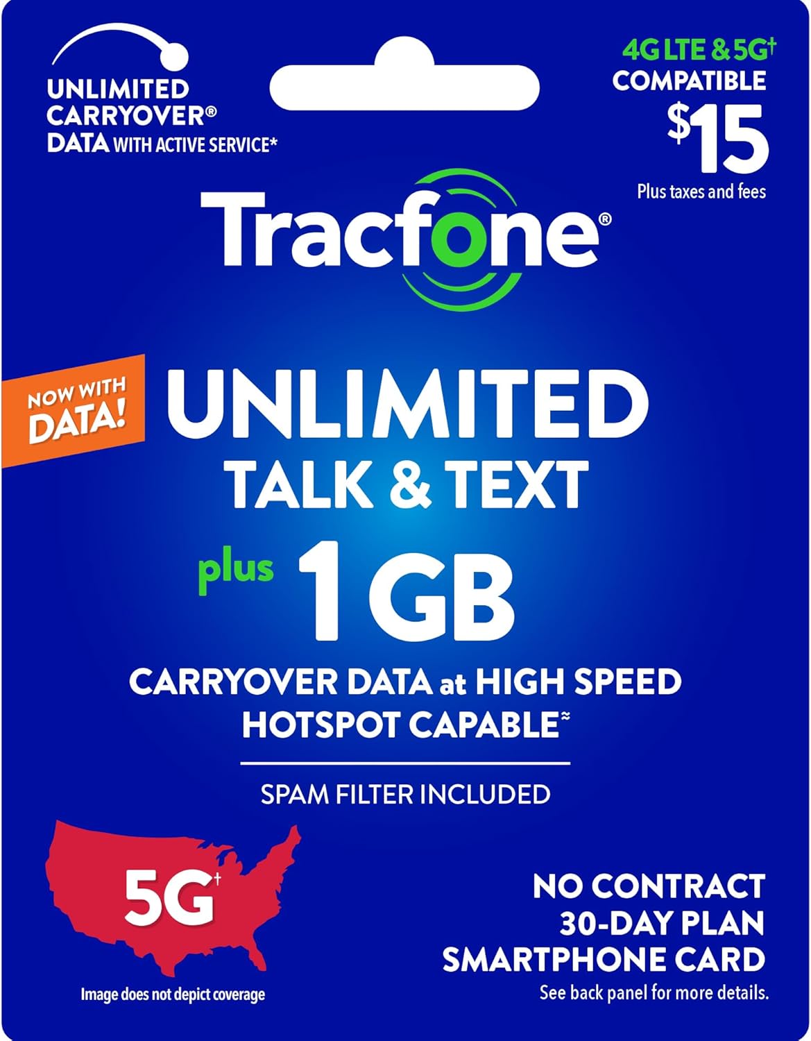 Tracfone $15 Unlimited Talk & Text, 1 GB of Data / 30 Days (Physical Card)
