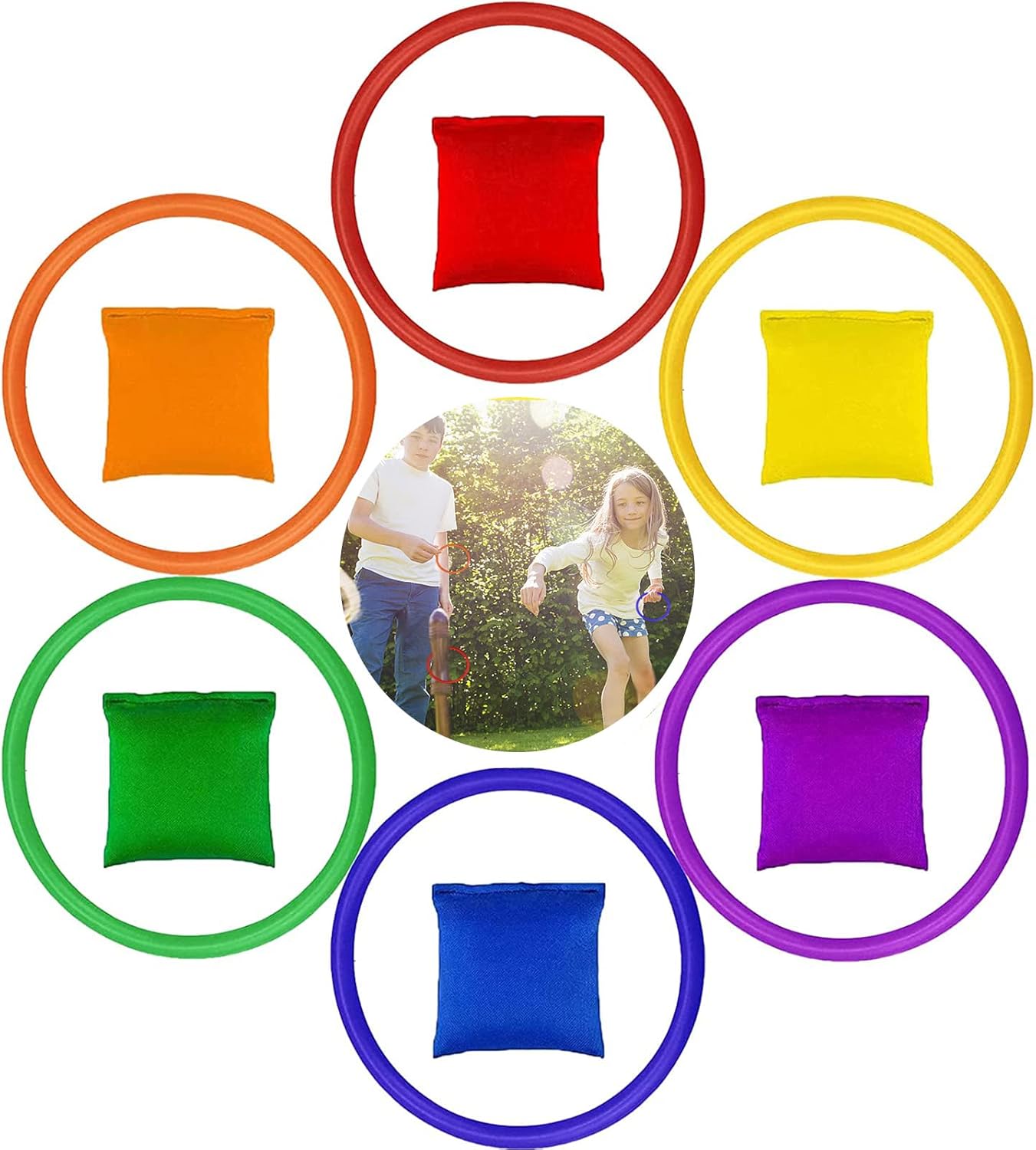 Toss Game Sets, 6Pcs Nylon Bean Bags & 6Pcs Plastic Toss Rings, Multicolor Fun Throwing Carnival Favor Game Party Supplies Family Sports for Kids Teens Adults Indoor Outdoor Yard