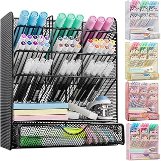 Spacrea Metal Pen Organizer, Pencil Holder for Desk, Desk Organizer with Drawer for School, Home, Art Supplies (Black)