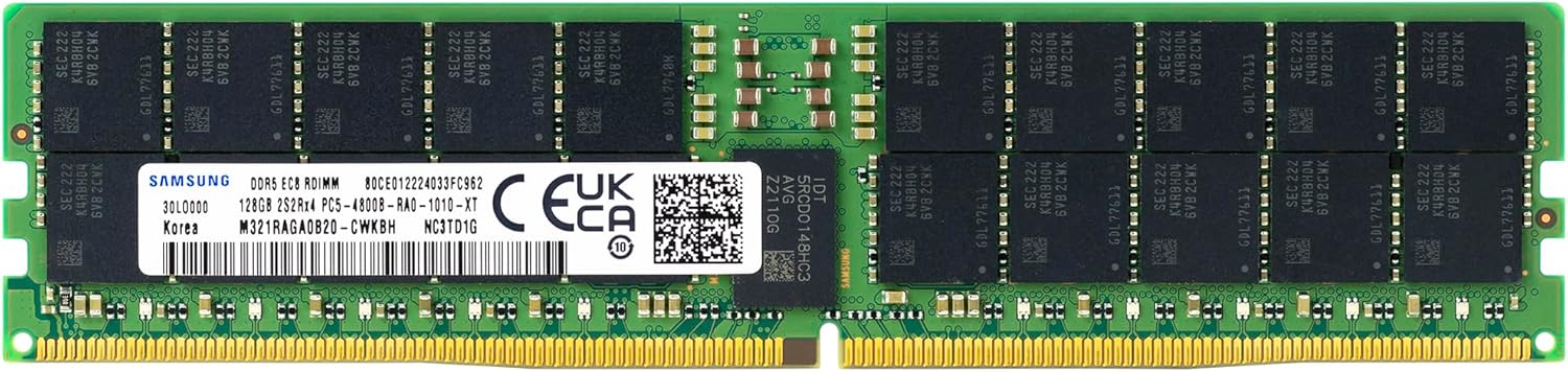 Samsung 128GB DDR5 4800MHz PC5-38400 ECC RDIMM 4Rx4 2S2Rx4 (EC8 10x4) Quad Rank 1.1V Registered DIMM 288-Pin Server RAM Memory M321RAGA0B20-CWK
