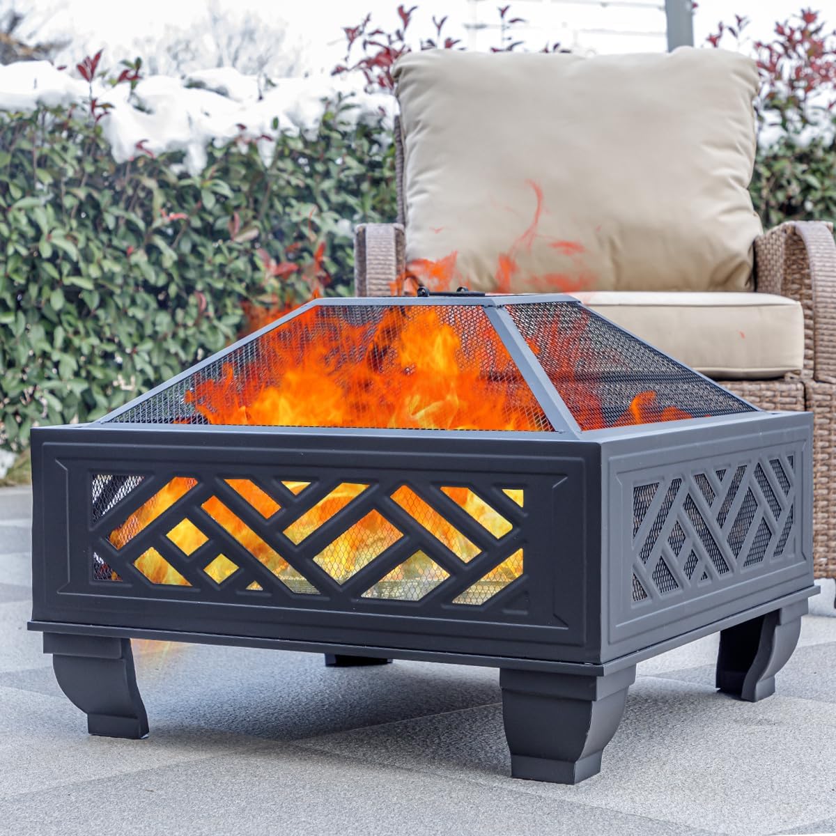 MistMo 26" Fire Pit for Outside Patio, Steel Wood Burning Fireplaces, Square Outdoor Bonfire Pit with Grill, Deep Bowl, Spark Screen & Poker for Backyard Garden