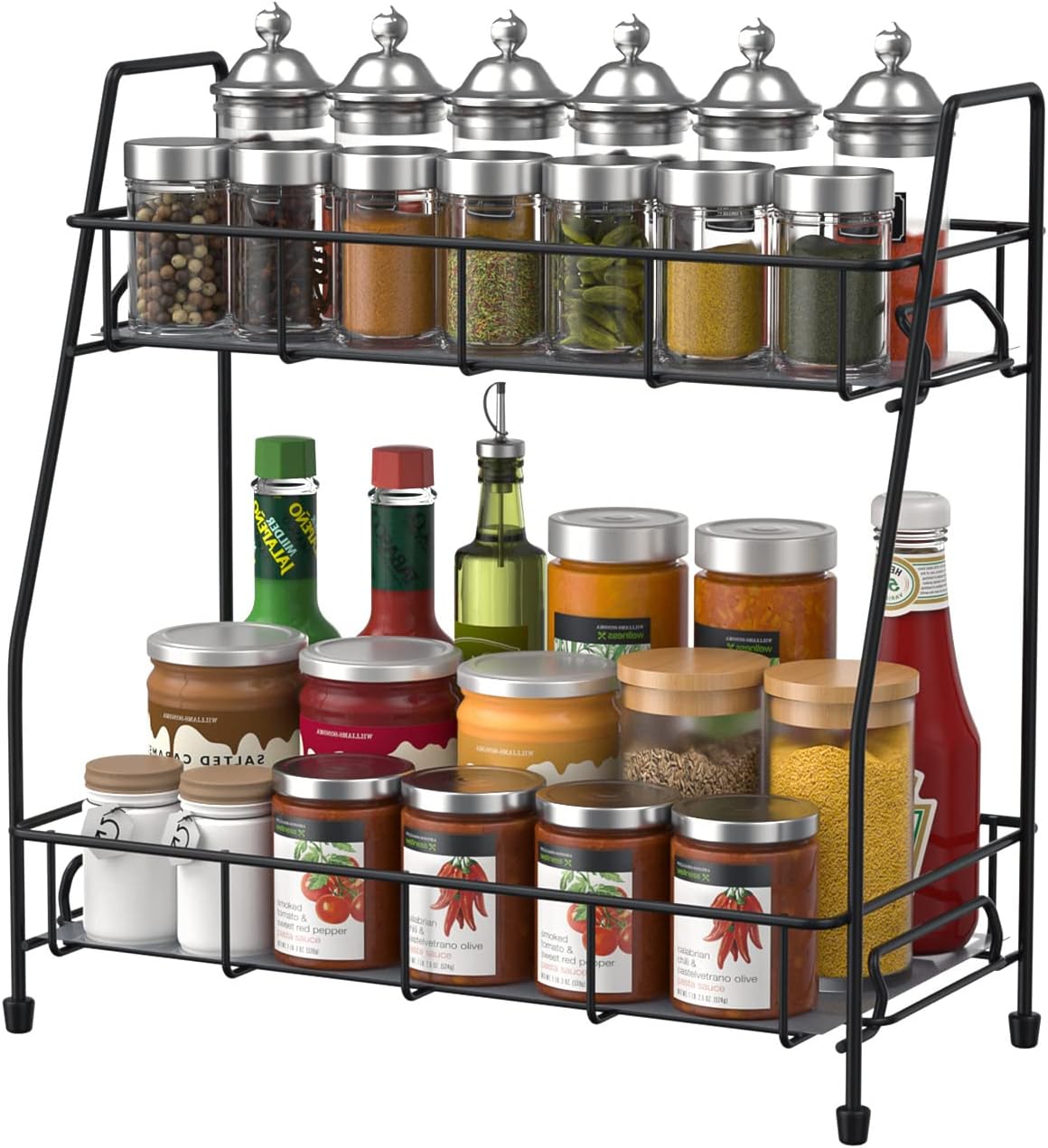 BOKIOVIN 2 Tier Spice Racks Organiser Free Standing for Kitchen Counter, Metal Bathroom Organizer Storage Rack for Countertop(Black)
