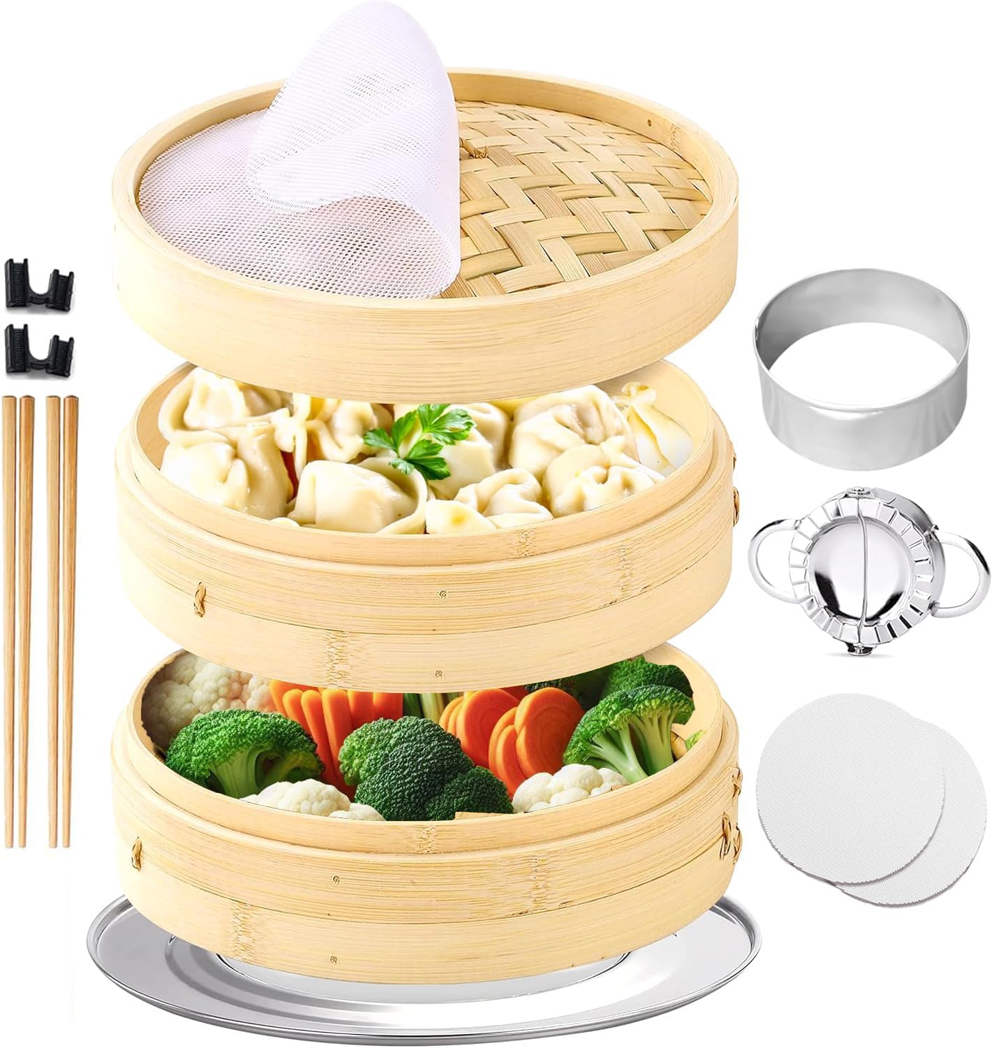 Chef's Palace Bamboo Steamer Basket | 10 Inch 2 Tier Dumpling, Rice and Vegetable Steamer | Chopsticks and Chopsticks Helpers, Silicon Liners, Ring Adapter, Dumpling Helper and Instructions Manual.