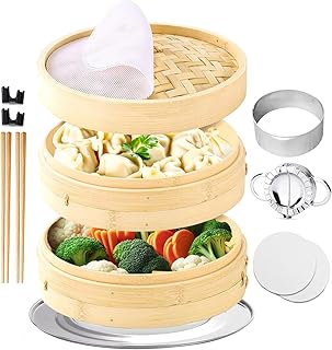 Chef's Palace Bamboo Steamer Basket | 10 Inch 2 Tier Dumpling, Rice and Vegetable Steamer | Chopsticks and Chopsticks Helpers, Silicon Liners, Ring Adapter, Dumpling Helper and Instructions Manual.