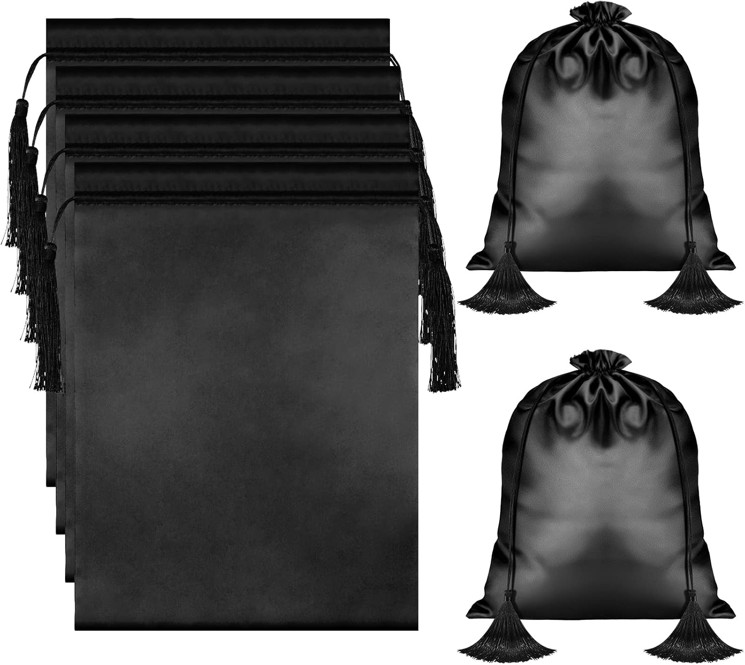Shappy 4 Pieces Silk Satin Wig Bag Black Hair Bags with Drawstring Tassel Stuff Satin Black Gift Travel Storage for Packaging Bundles Extension Home Salon Travel