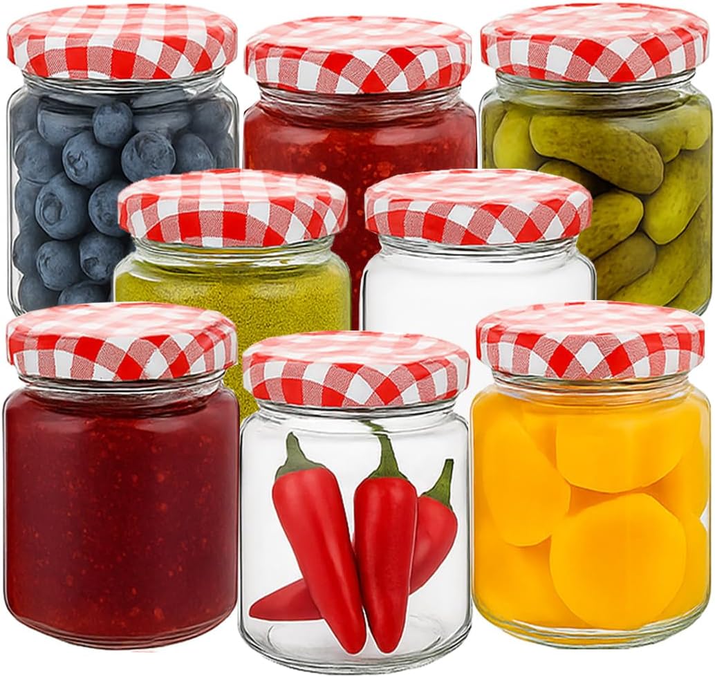 Offer Shop Round Glass Jam Jars with Red Gingham Lids & Adhesive Labels | 190ml / 7oz Glass Jars with Air Tight Twist Lids Reusable Canning Storage Jar for Preserves, Jelly and Herbs - 8 Set