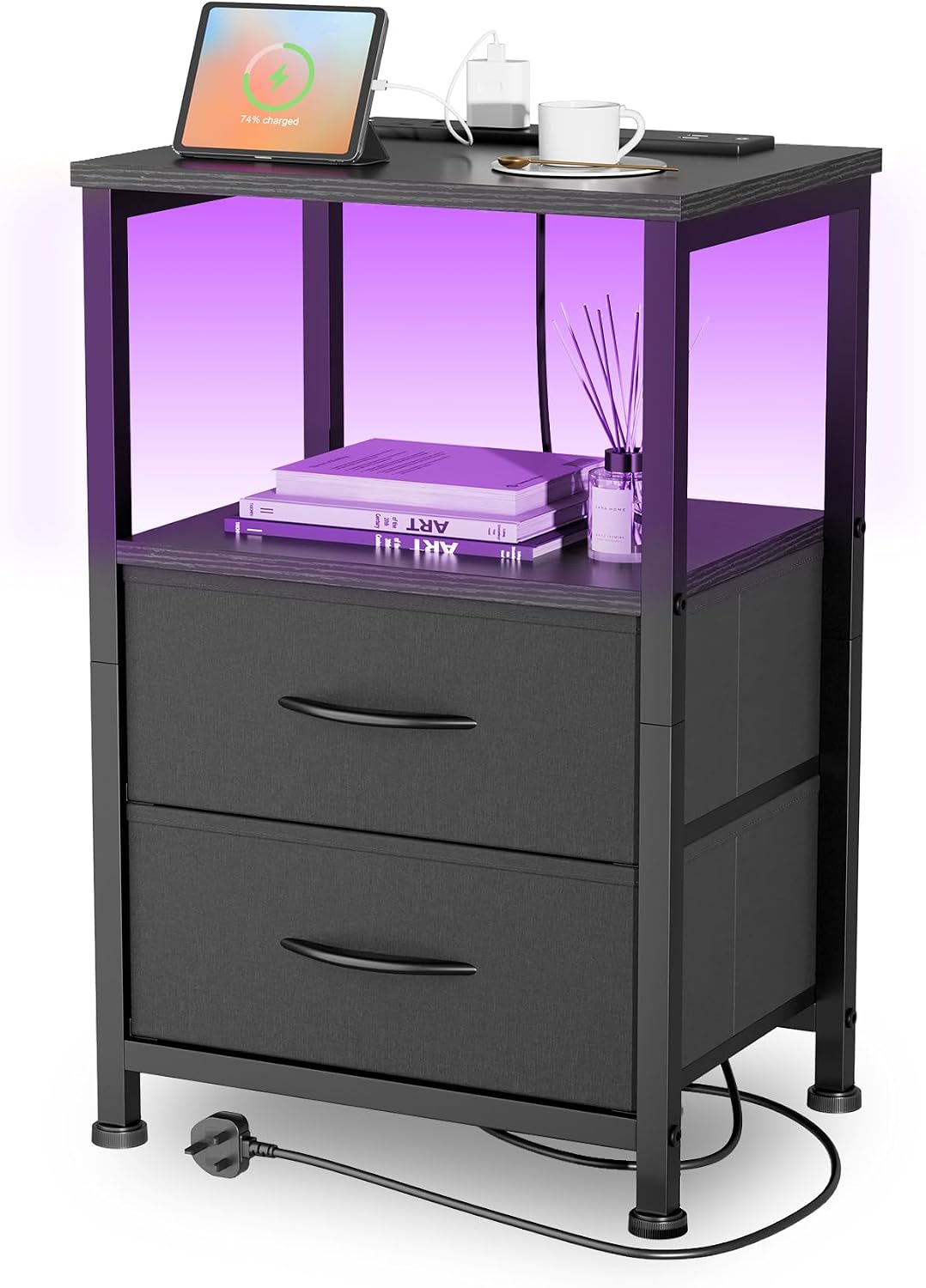 Yornoli Bedside Table with Charging Station 40cm Wide Bed Side Table for Bedroom with Fabric Drawers Small End Tables with Led Lights for Living Room Small Spaces (Black, 1 PC)