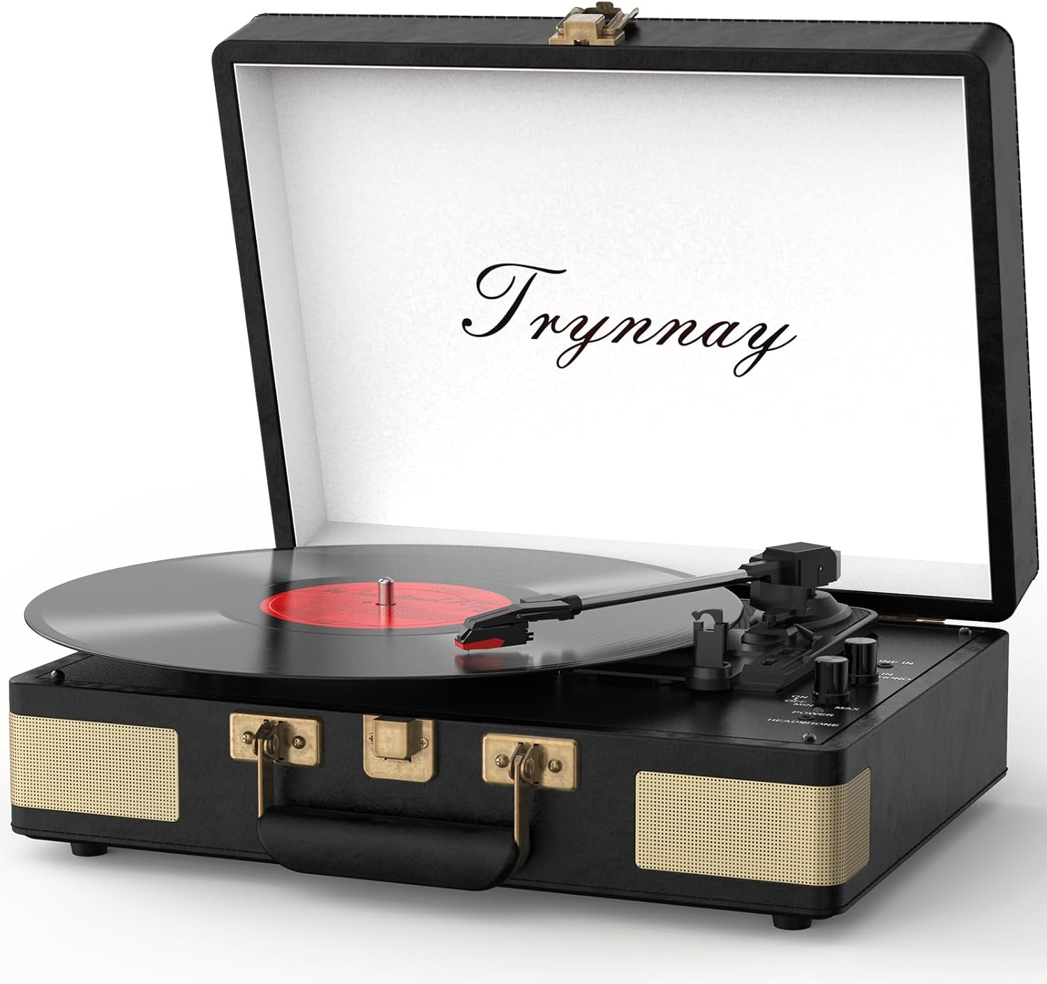 Trynnay Record Player 3 Speed Bluetooth Portable Suitcase Vinyl Player with Built-in Speakers Turntable Enhanced Audio Sound Waxed Leather Vintage Black
