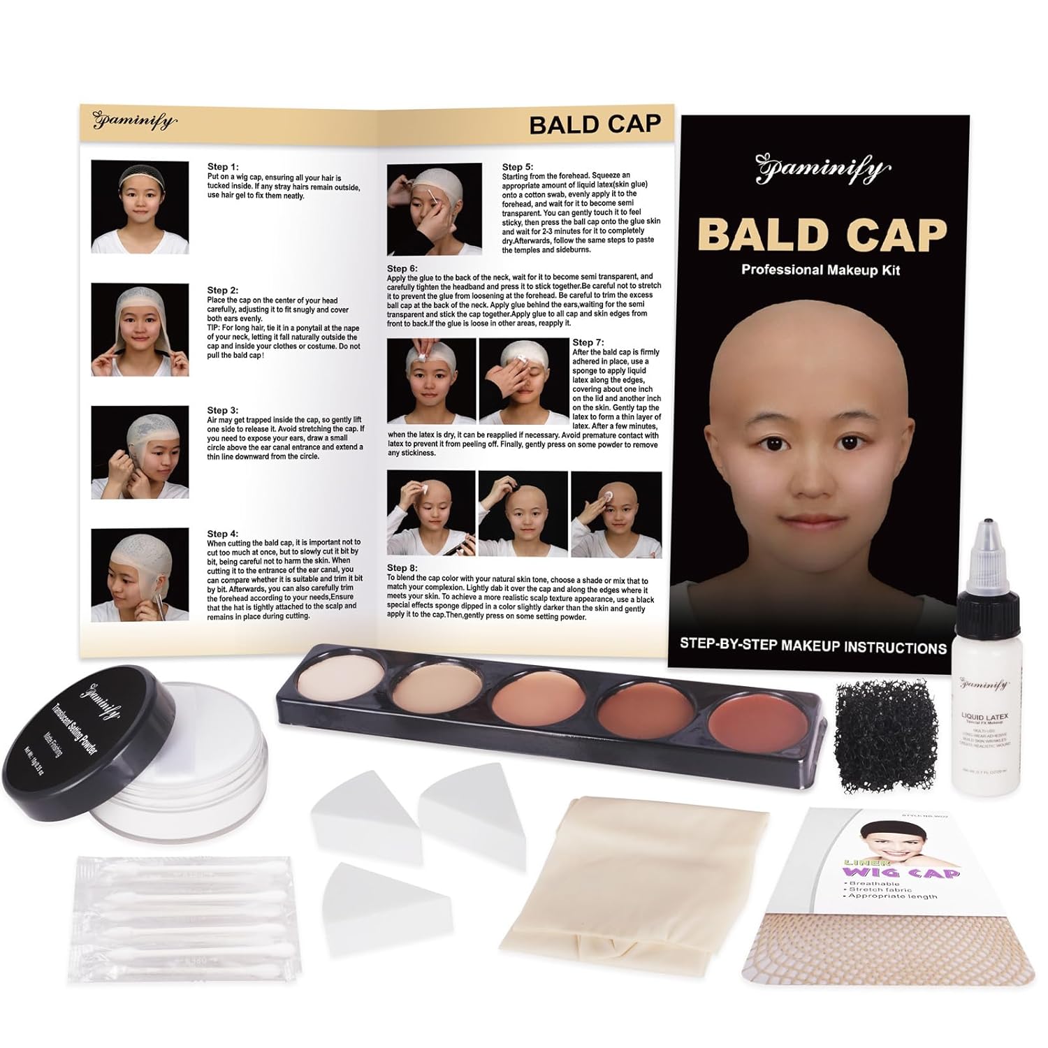 Bald Cap Costume Makeup Kit for Men Adults,Complete SFX Makeup Kit with Tools & Instructions,Professional Bald Caps for Halloween Costumes, Cosplay, and Theater