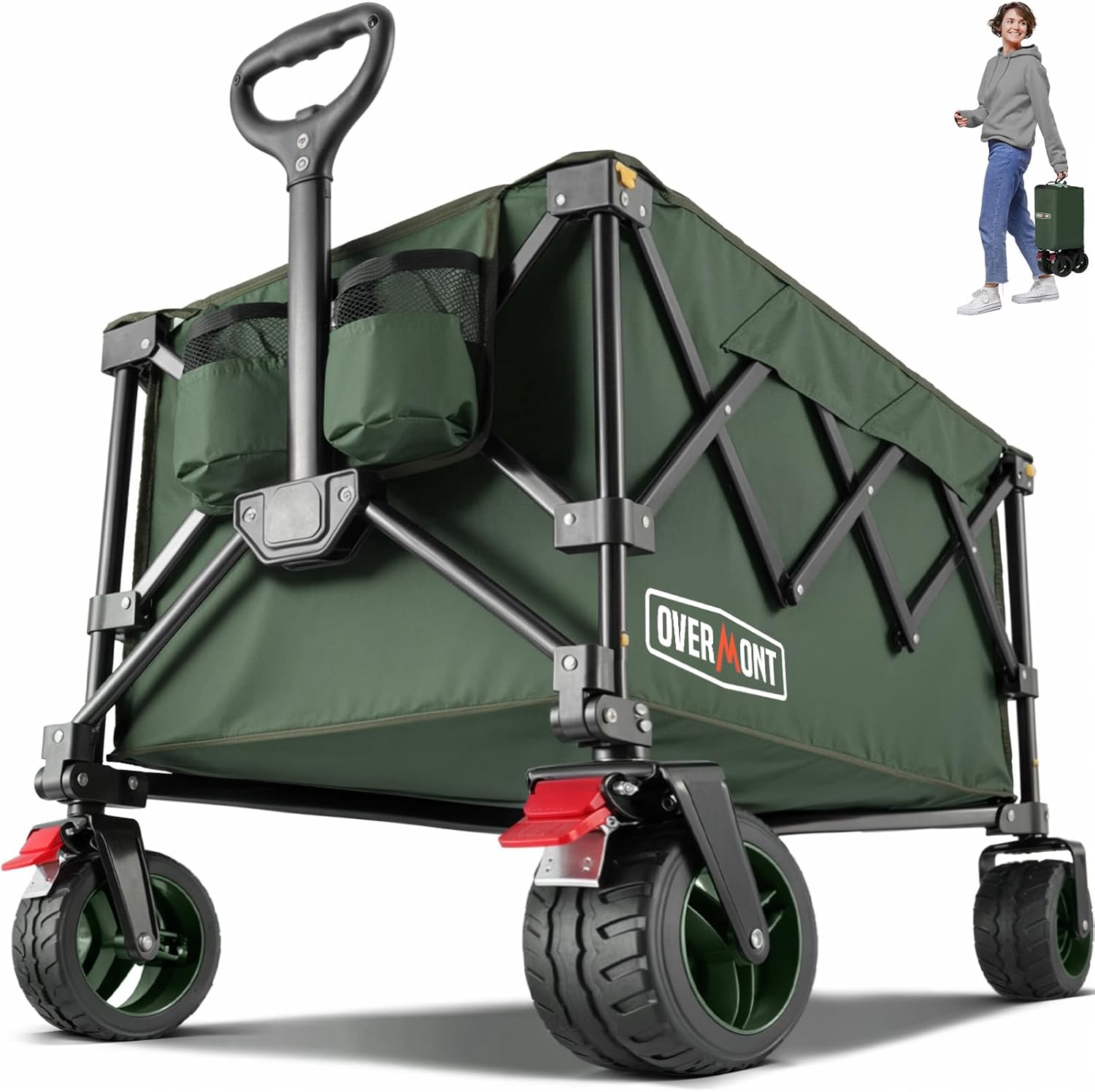 Overmont Folding Festival Trolley - 330LBS/150kg Large Capacity Camping Wagon for Beach Garden Picnic Shopping, Heavy Duty Cart with Adjustable Handle & All-Terrain Wheels and Brake, Green