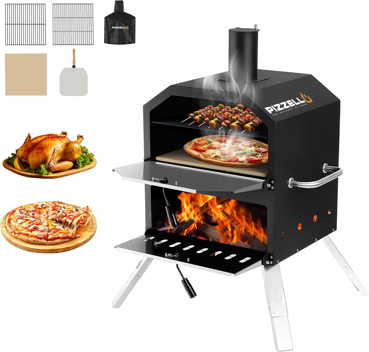 Pizzello Outdoor Pizza Oven 16'' Large Wood Fired 2-Layer Pizza Ovens with Pizza Stone, Pizza Peel, Grill Grate, Oven Cover, Outside Pizza Maker for Camping Backyard BBQ, Pizzello Grande 16