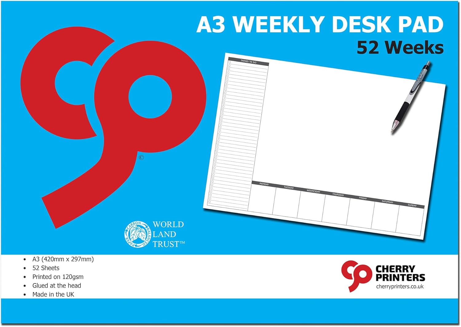 Cherry Weekly Planner Desk Pad A3 (420 x 297 millimetres) 52 Sheets 120gsm Paper