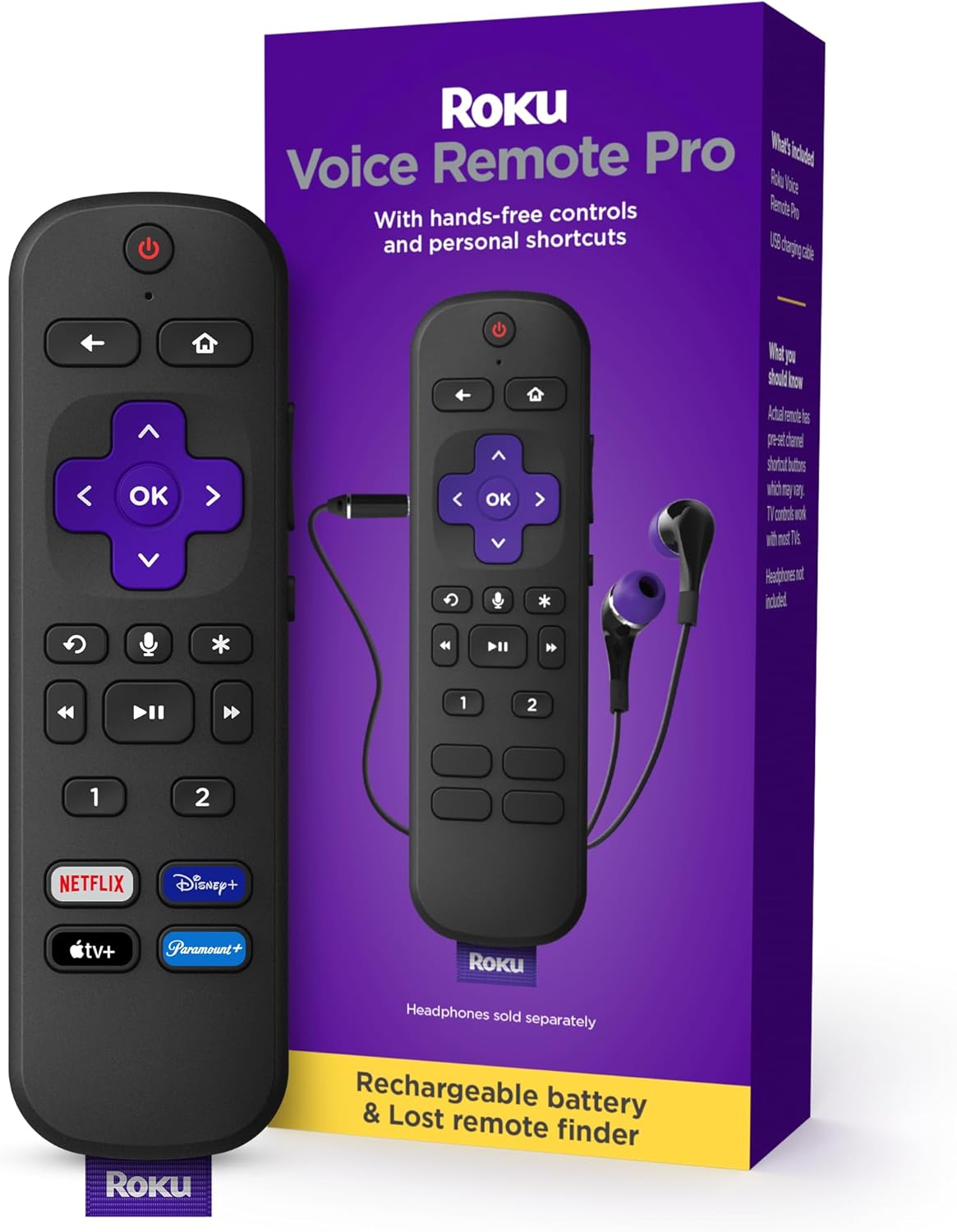 Roku Voice Remote Pro | Rechargeable with Hands-free Voice Controls, Headphone Mode & Lost Device Locator - Compatible with RokuTV, Players & Audio Devices