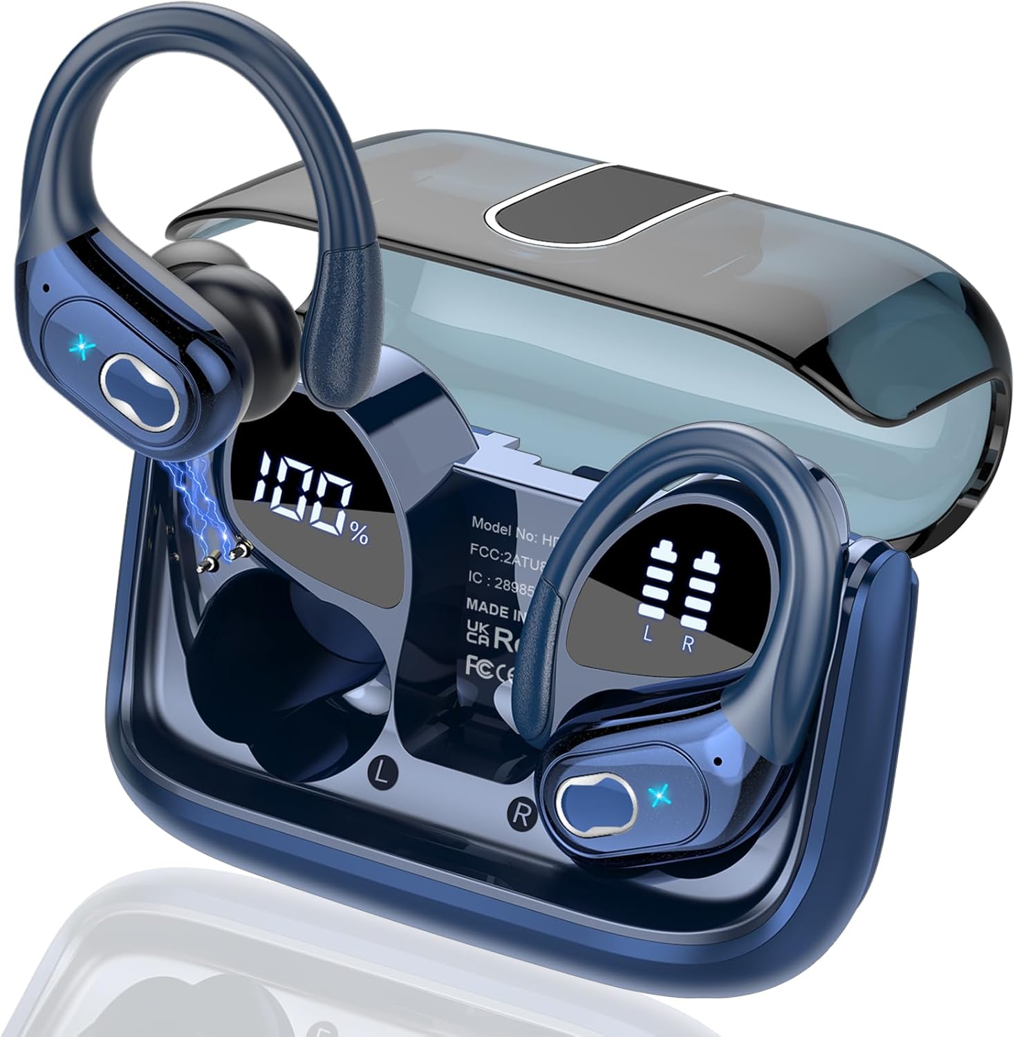 Wireless Earbuds 75hrs Bluetooth 5.3 Headphone Sport, 2024 Bluetooth Earbuds Stereo Deep Bass Over Ear Bud with Earhooks, ENC Noise Cancelling Mic, IPX7 Waterproof Earphone, Royal Blue