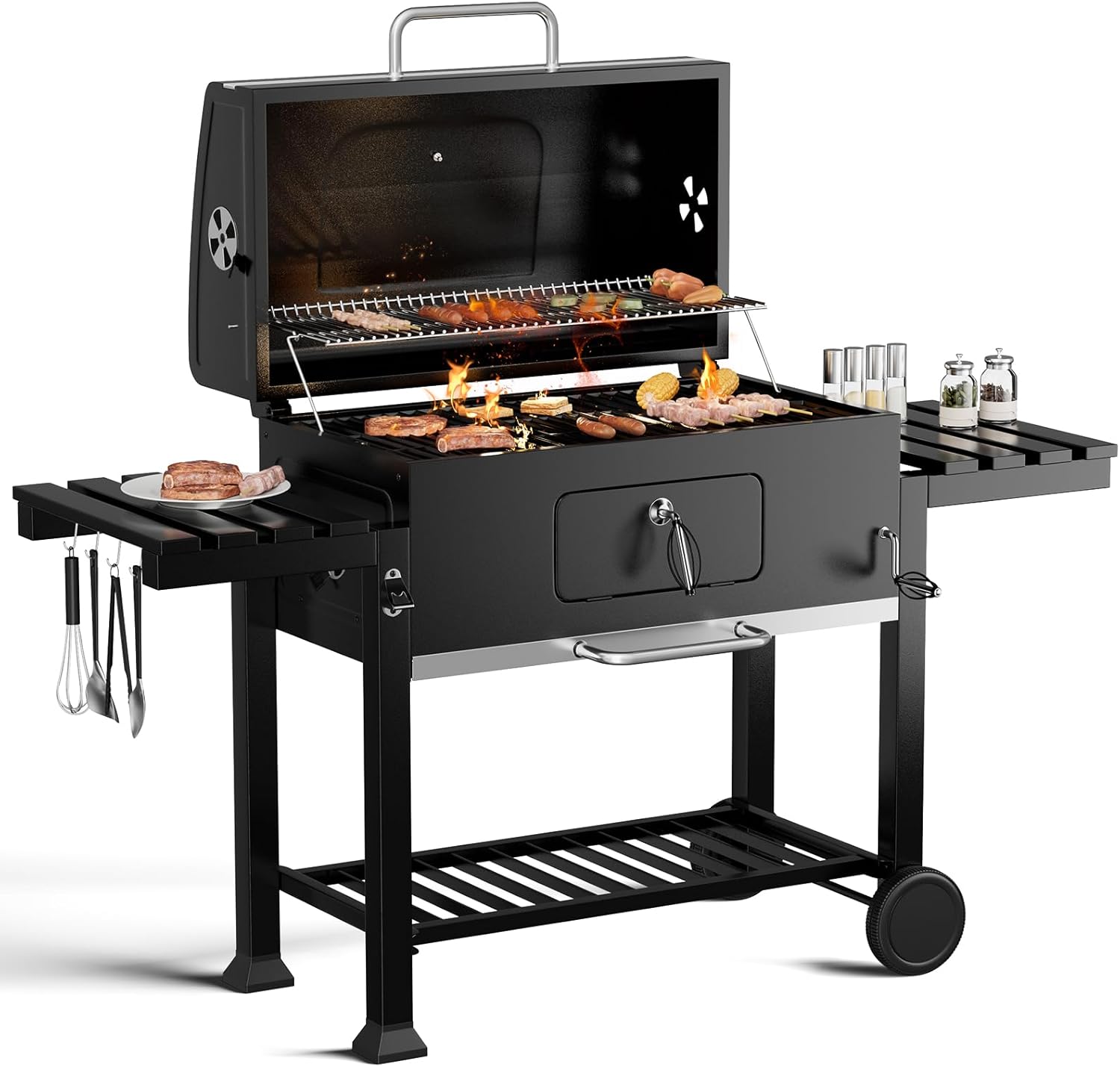 Warmiehomy XXXL Charcoal Barbecue, Outdoor Smoker BBQ Grill with Wheels, 2 Foldable Side Tables, Hooks, Thermometer & Adjustable Chimney, Portable BBQ Grill for Garden Picnic Camping