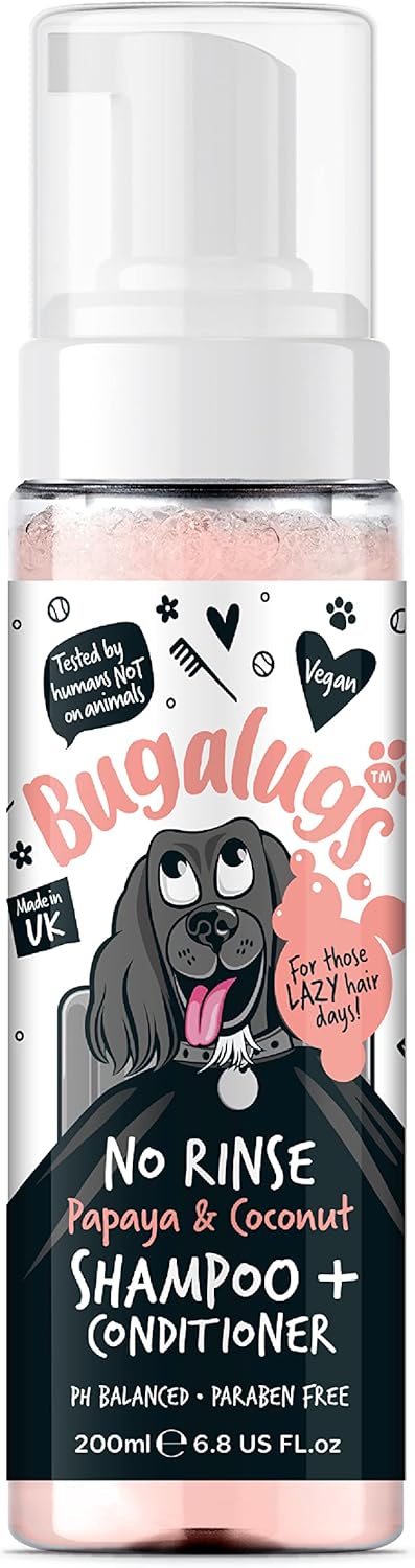 Bugalugs No Rinse Papaya & Coconut Dog Shampoo - Luxury 2 in 1 dog Dry shampoo & conditioner - odour eliminator natural shampoo with dog perfume quick shower for pets