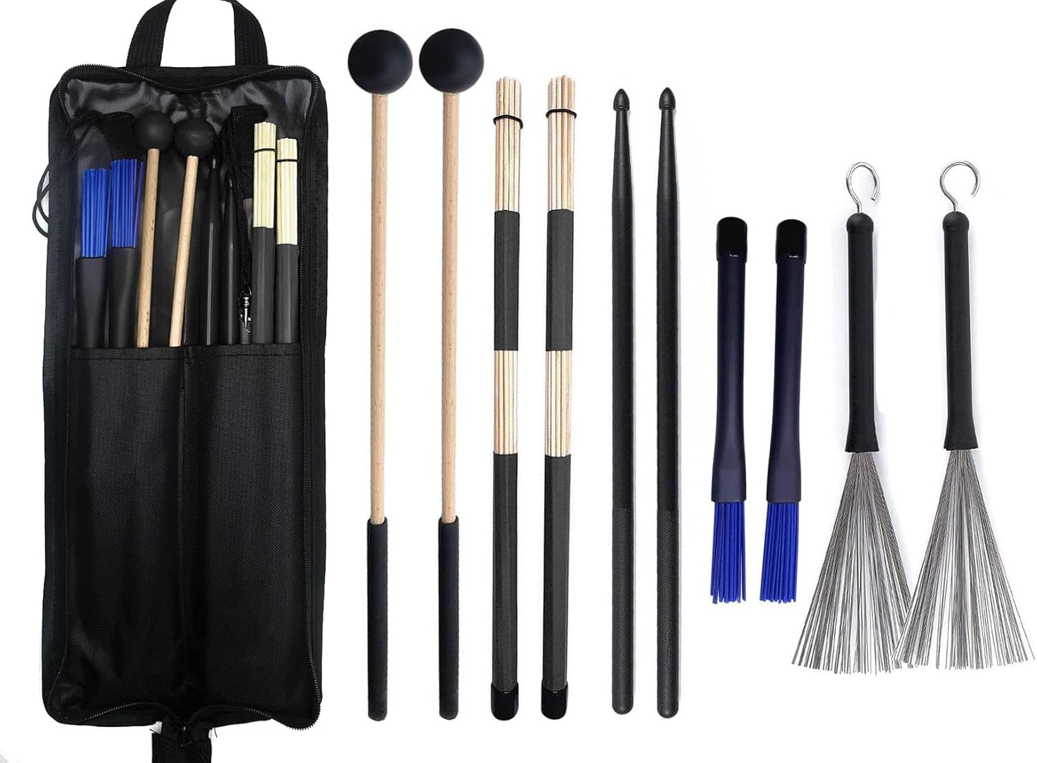 TUOREN Drumstick Bag with Floor Tom Hooks Includ 5 Pairs Drum Sticks Mallets Brushes Set Percussion Instrument Accessories for Beginners Drummer Practice Black