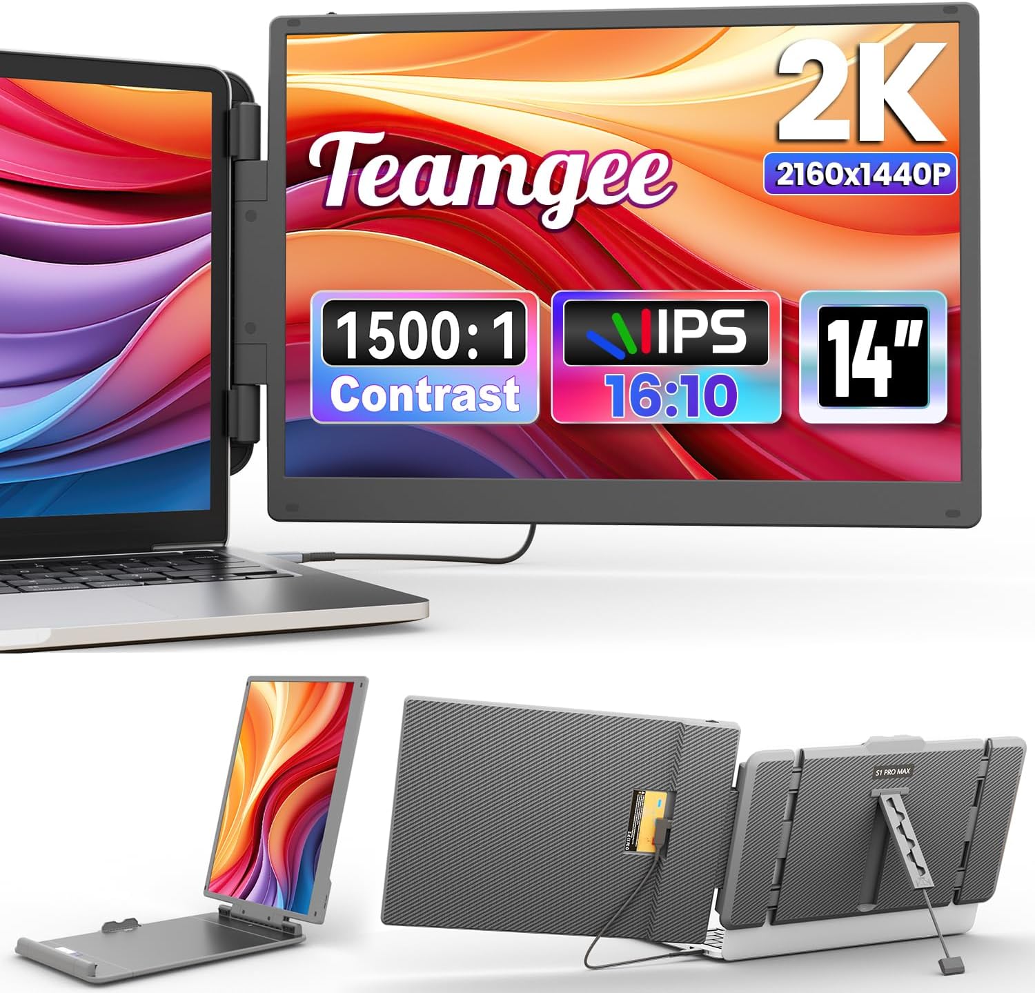 Teamgee 2K Laptop Screen Extender, 14" 2160x1440P QHD Portable Monitor for Laptop, Dual Screen Monitor for 13"-17" Laptops Plug & Play HDMI/USB-A/Type-C Suitable for Mac, Wins, Android, Dex