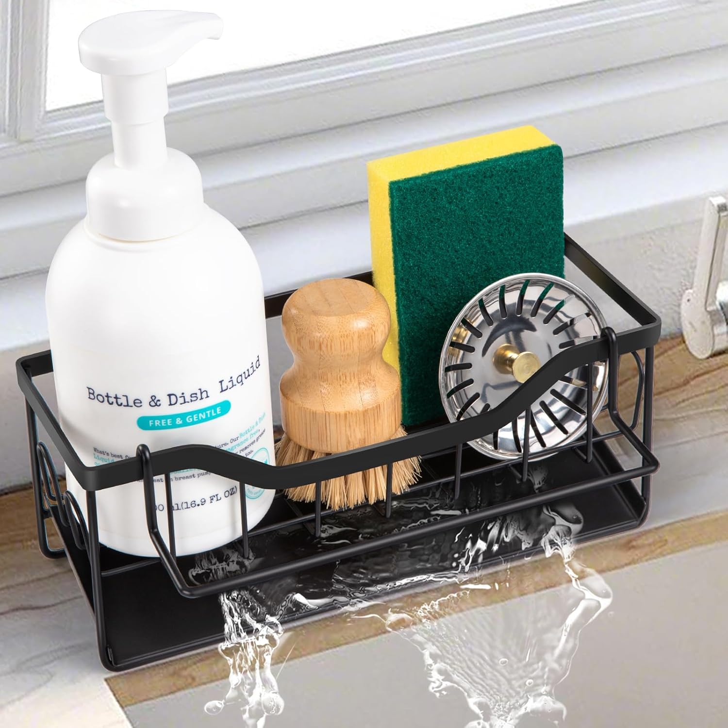 Sinnsally Sink Caddy/Tidy Organiser with Self Draining Tray, Sponge Holder, Sink Storage Rack with Dishcloth Hanger, Washing up Utensil Caddy for Countertop Kitchen Storage & Organisation